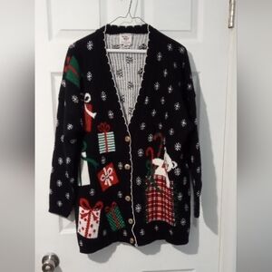 Festive Black Cardigan with Holiday Motifs